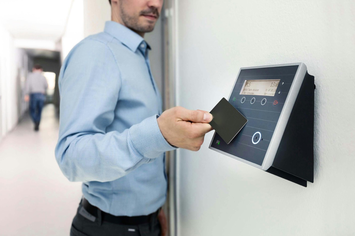 Access control card reader at a building entrance